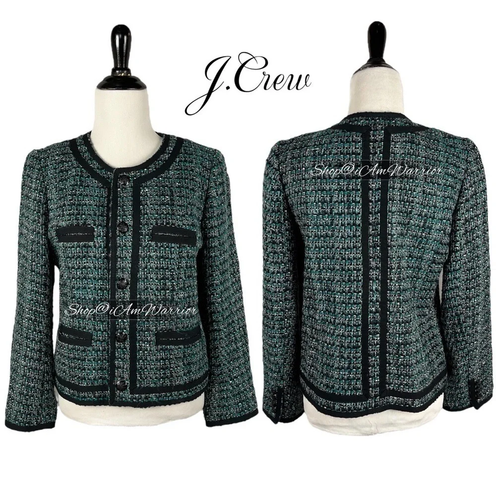 J.Crew teal & black tweed collarless jacket *shop@iamwarrior
